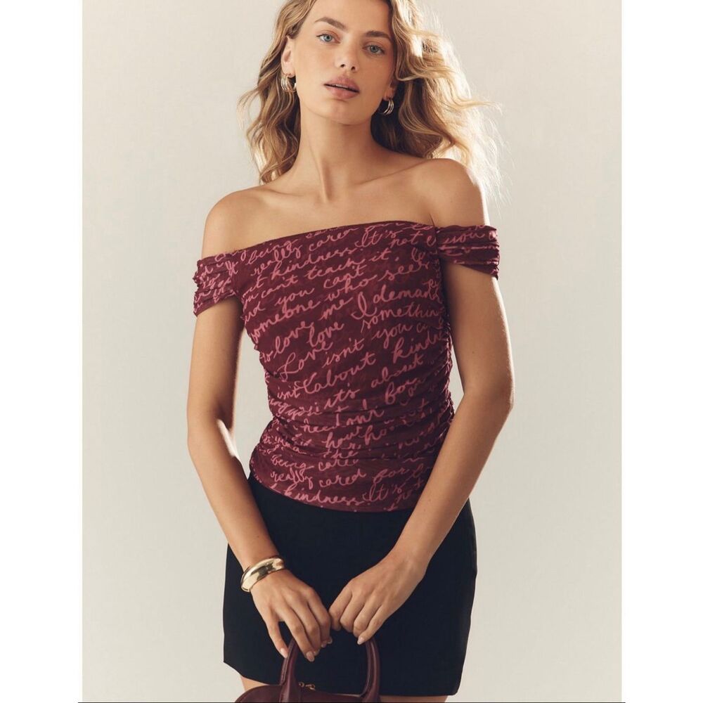 Maeve Off-The-Shoulder Ruched Mesh Script Top Burgundy Pink Large Anthropologie